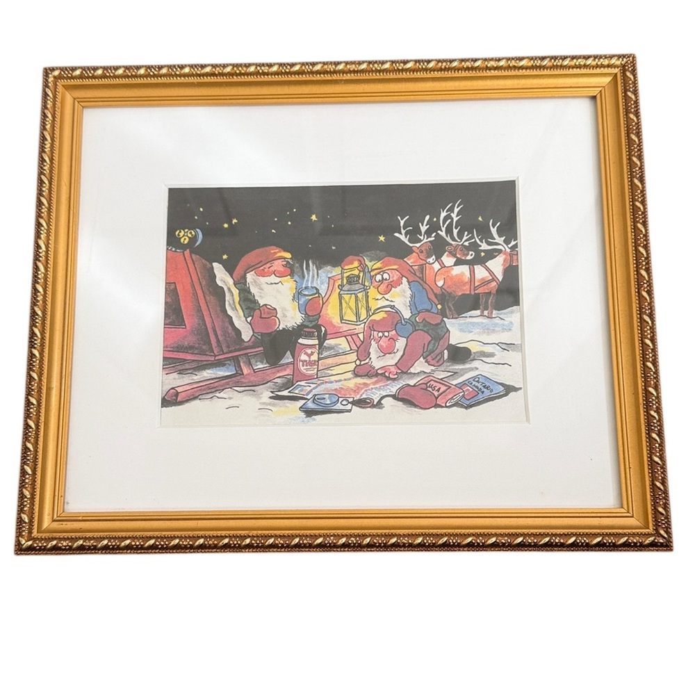 Santa Clause & His Elves Wall Decor Re-Drawn Painted Gold Frames Set of 3 - Picture 2 of 16